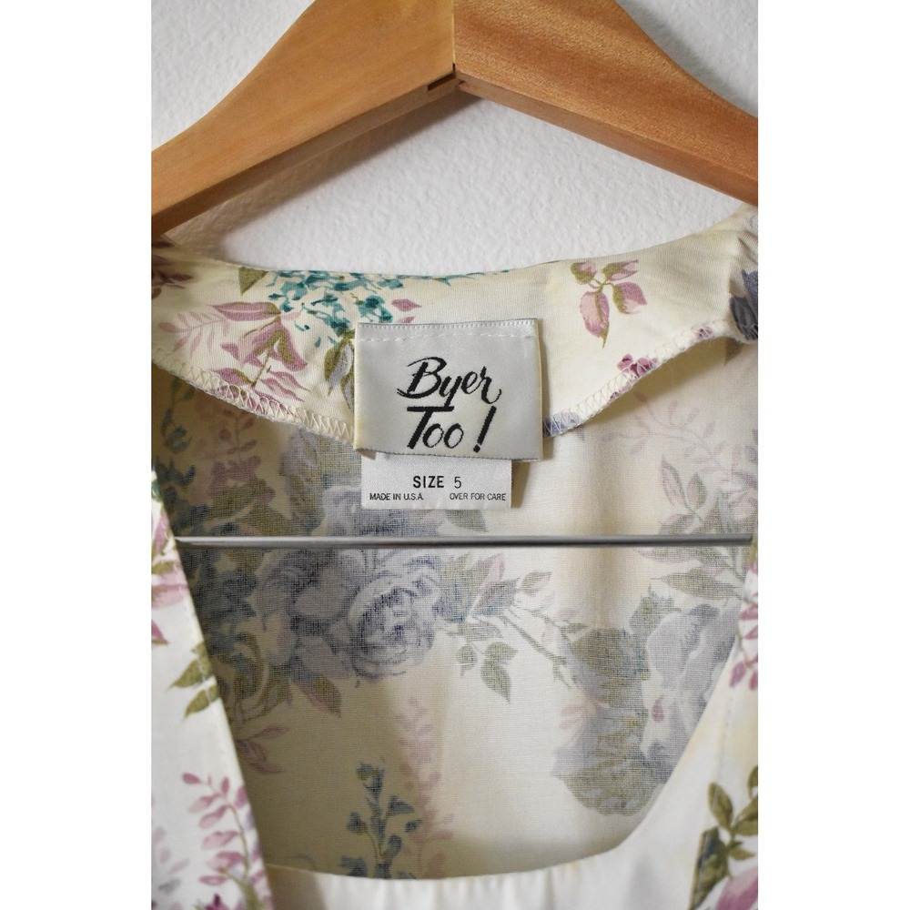 Byer Too! Floral Mini Dress Women 5 Cream 90s Vintage Ruffle Pearl Button - Picture 5 of 7
